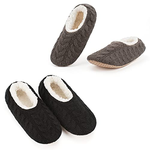 Cozylook 2-PK House Slippers for Women Indoor, Furry Non-slip Shoes, Cozy Fuzzy Fluffy Warm Bedroom Slippers With Soft Sole, Black Grey Size 5-6 - Image 1