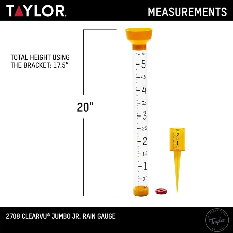 Taylor Jumbo JR Rain Gauge, Measure and Monitor Precipitation, Easy to Read for Backyard, Patio, Garden, and Lawn, 5-inch, Yellow - Image 1