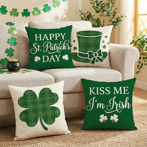 ONFAON St Patricks Day Decorations,St Patricks Day Pillow Covers 18x18 Set of 4 Scottish Tartan Plaid St Patricks Day Hat Farmhouse Classic Decorative Square Cushion Cases for Sofa Couch - Image 3