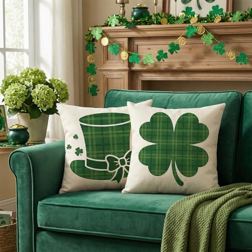 ONFAON St Patricks Day Decorations,St Patricks Day Pillow Covers 18x18 Set of 4 Scottish Tartan Plaid St Patricks Day Hat Farmhouse Classic Decorative Square Cushion Cases for Sofa Couch - Image 5