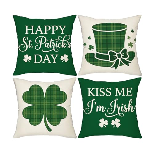 ONFAON St Patricks Day Decorations,St Patricks Day Pillow Covers 18x18 Set of 4 Scottish Tartan Plaid St Patricks Day Hat Farmhouse Classic Decorative Square Cushion Cases for Sofa Couch - Image 1