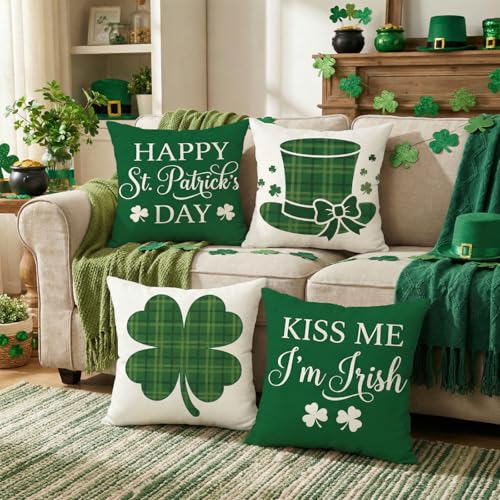 ONFAON St Patricks Day Decorations,St Patricks Day Pillow Covers 18x18 Set of 4 Scottish Tartan Plaid St Patricks Day Hat Farmhouse Classic Decorative Square Cushion Cases for Sofa Couch - Image 2