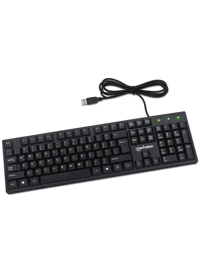 Manhattan USB Wired Keyboard, 104 Keys, Built-in USB Cable, LED Indicators, Black, Built-in USB Cable with 1.5 m Length - Image 1