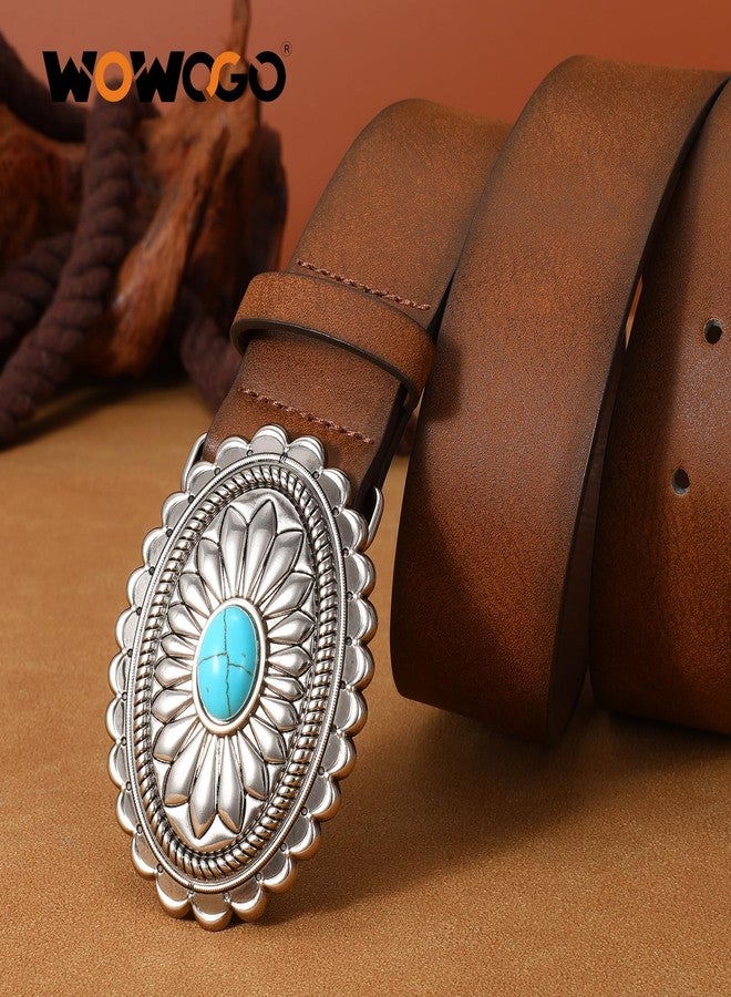 WOWOGO Women-Western-Cowgirl-Belt-Country-Concho Vintage Leather Belt with Concho Turquoise Buckle,Coffee - Image 4