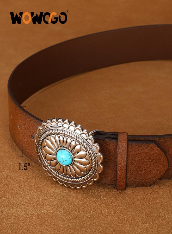 WOWOGO Women-Western-Cowgirl-Belt-Country-Concho Vintage Leather Belt with Concho Turquoise Buckle,Coffee - Image 5