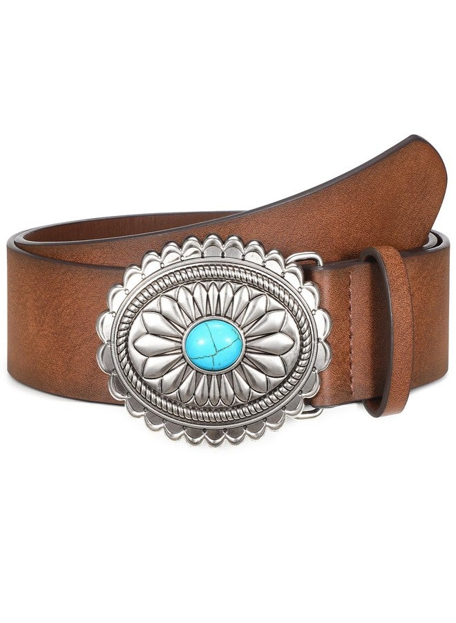 WOWOGO Women-Western-Cowgirl-Belt-Country-Concho Vintage Leather Belt with Concho Turquoise Buckle,Coffee - Image 1