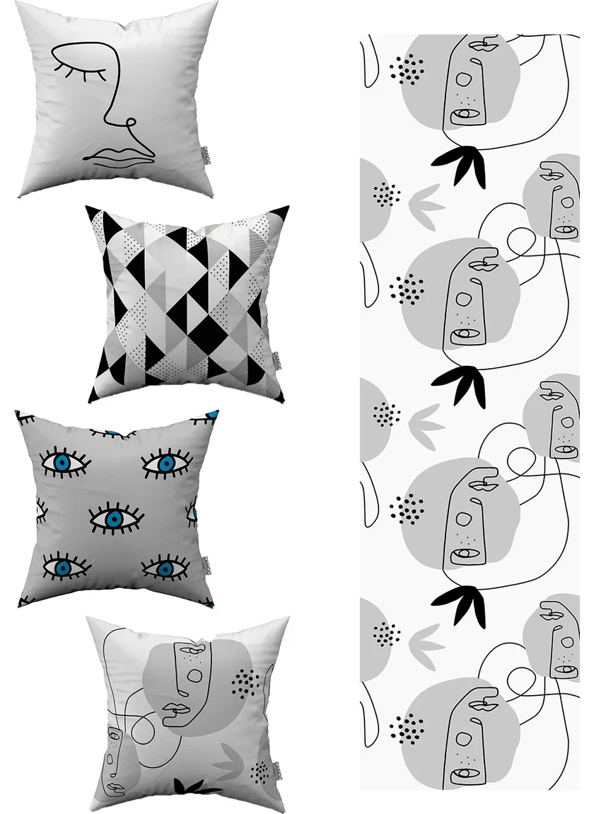 Cango Home White Black Decorative Figure Patterned 4-Piece Throw Pillow Case 1 Runner Set 4KMBS065-RS