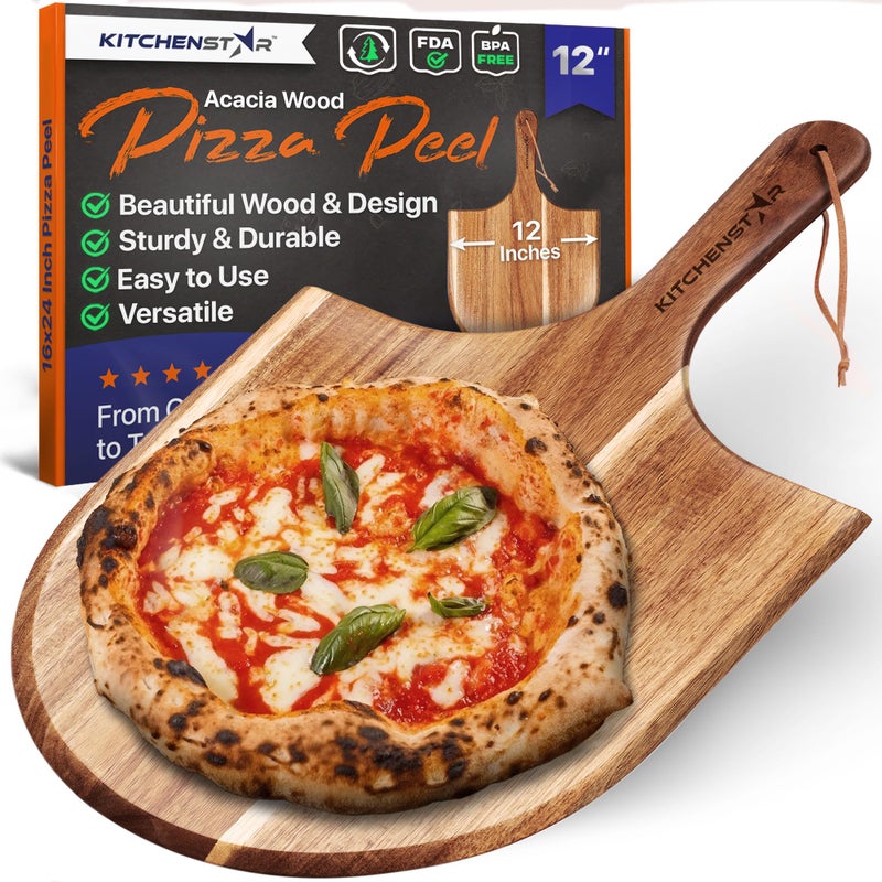 KitchenStar Wooden Pizza Peel 12 Inch  Acacia Wood Pizza Board for Pizza Making Sliding Cutting  Serving  Food Oil Processed Paddle Spatula w Handle  Hanging Loop  Pizza Oven Accessories by KitchenStar 