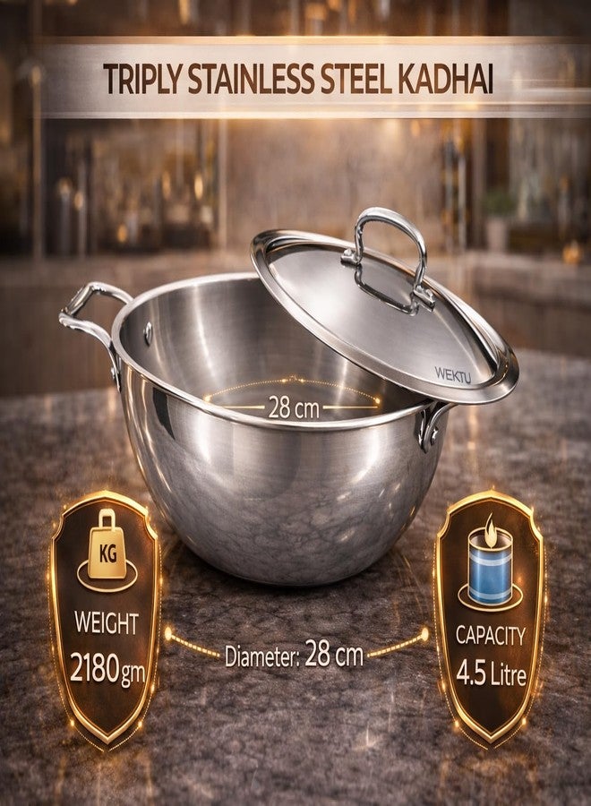 WEKTU Triply Stainless Steel Kadhai with Lid, 28 cm Diameter, 4.5 Litre Capacity, Induction Compatible - Image 2