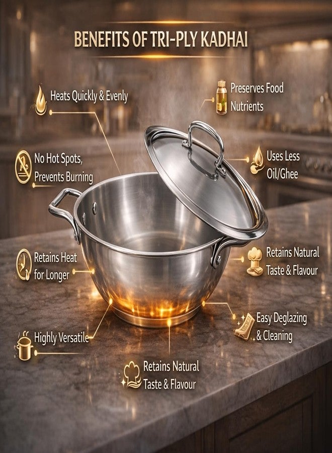 WEKTU Triply Stainless Steel Kadhai with Lid, 28 cm Diameter, 4.5 Litre Capacity, Induction Compatible - Image 4