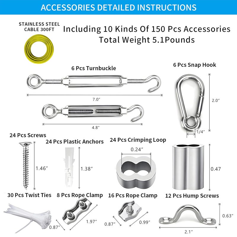 Litcher Globe String Light Suspension Kit, Outdoor Light Guide Wire, Vinyl Coated Stainless Steel Steel Cable，Include 300ft Transparent PVC and 304 Stainless Steel Wire Cable, Turnbuckle and Hooks - Image 3