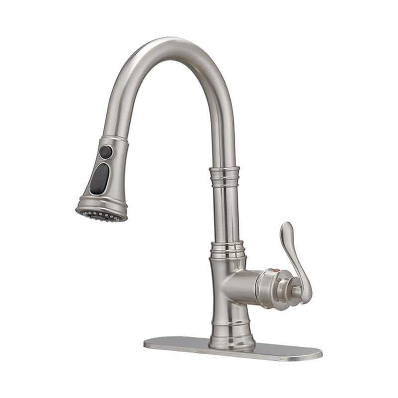 BWE Kitchen Faucet with Pull Out Sprayer 3 Spray Modes Brushed Nickel Single Handle Singe Lever High Arc Kitchen Sink Faucet with Deck Plate Commercial Bar Farmhouse Pull Down Sprayer