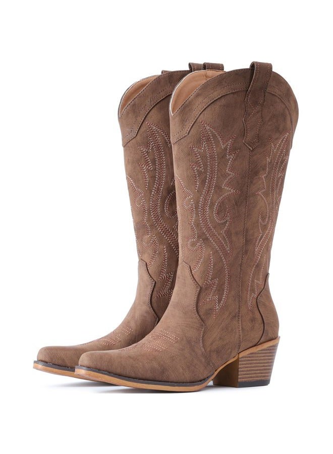 IUV Cowboy Boots For Women Western Cowgirl Boots with Chunky Heel Mid Calf Pointy Toe Boots, Red/Brown, 6 - Image 1