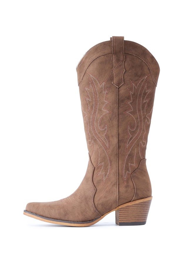 IUV Cowboy Boots For Women Western Cowgirl Boots with Chunky Heel Mid Calf Pointy Toe Boots, Red/Brown, 6 - Image 5