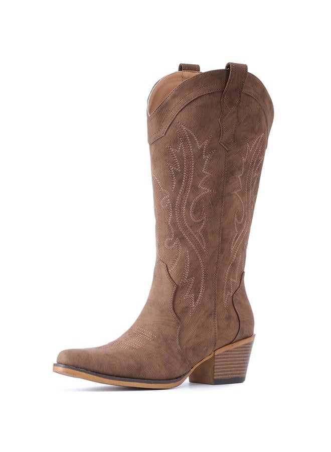 IUV Cowboy Boots For Women Western Cowgirl Boots with Chunky Heel Mid Calf Pointy Toe Boots, Red/Brown, 6 - Image 4