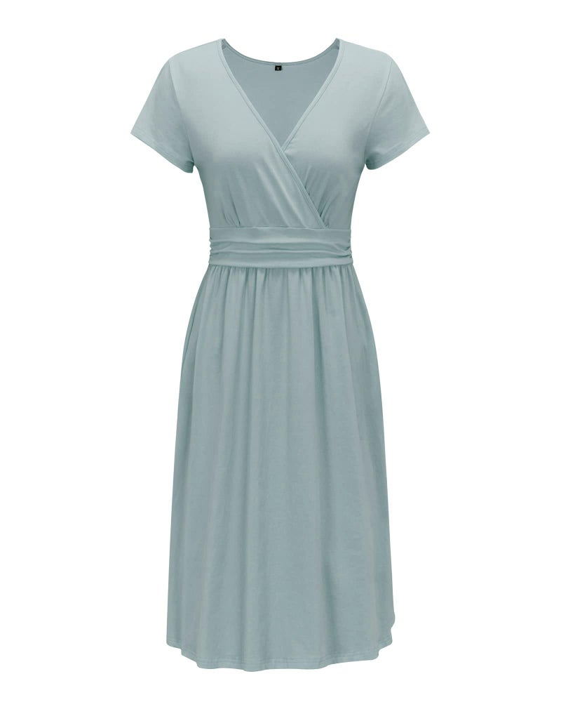 OUGES Summer Dress with Pockets Casual Lightweight Flowy Midi Sundress Work Church Wedding Guest Dresses(Grey Blue,M) - Image 3