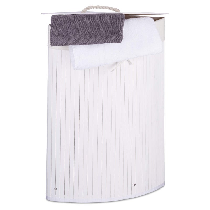 Relaxdays Bamboo Corner Laundry Basket 35 x 35 x 65 cm 64L Folding Hamper with Laundry Sack White