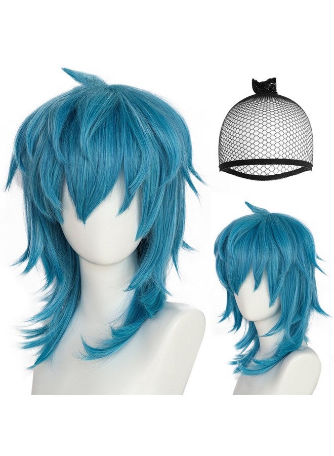 Anogol Hair Cap+Sally Wig with Bangs Sally Cosplay Wig Sally Costume Blue Wig Short Blue Wig for Men Anime Outfit Anime Wig for Halloween Party Wig - Image 1