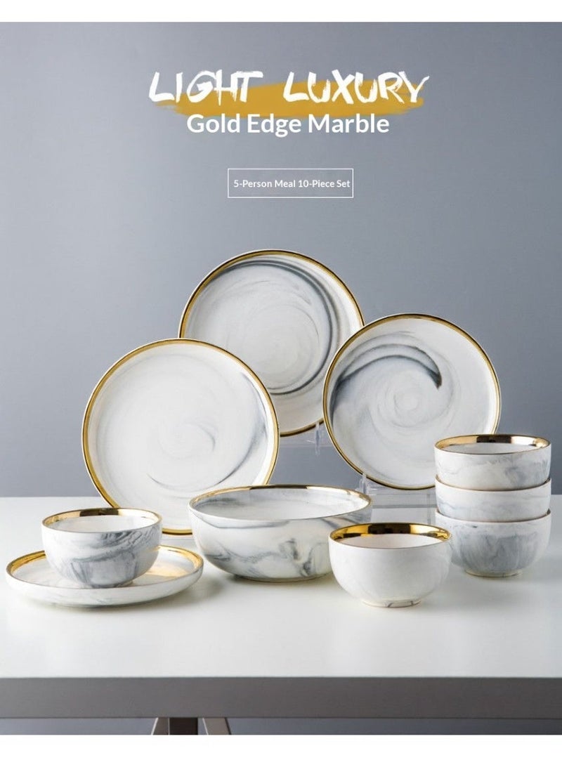 10-Piece Set: Minimalist Premium Marble Series Gold-Edged Ceramic Tableware Complete Set of Rice Bowls and Dishes (Marble Pattern) - Image 1