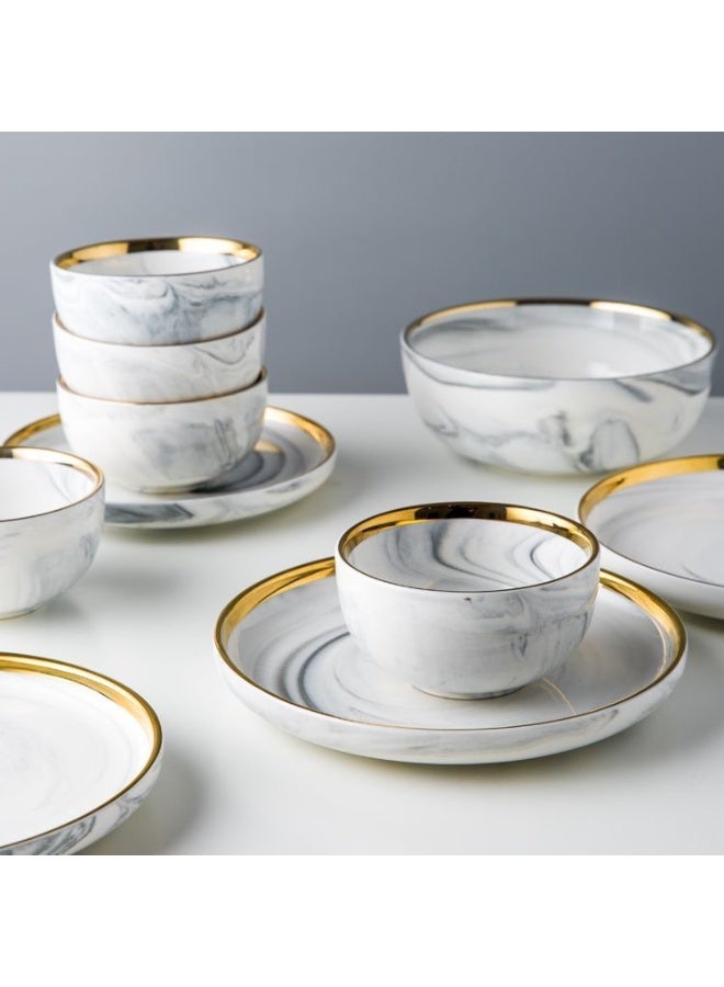 10-Piece Set: Minimalist Premium Marble Series Gold-Edged Ceramic Tableware Complete Set of Rice Bowls and Dishes (Marble Pattern) - Image 2
