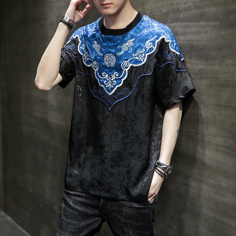 Original Chinese Style Cloud Shoulder Satin Dark Dragon Jacquard Patch Embroidered Batwing Shirt Short Sleeve Men'S Youth T-Shirt 903-P65 - Image 2