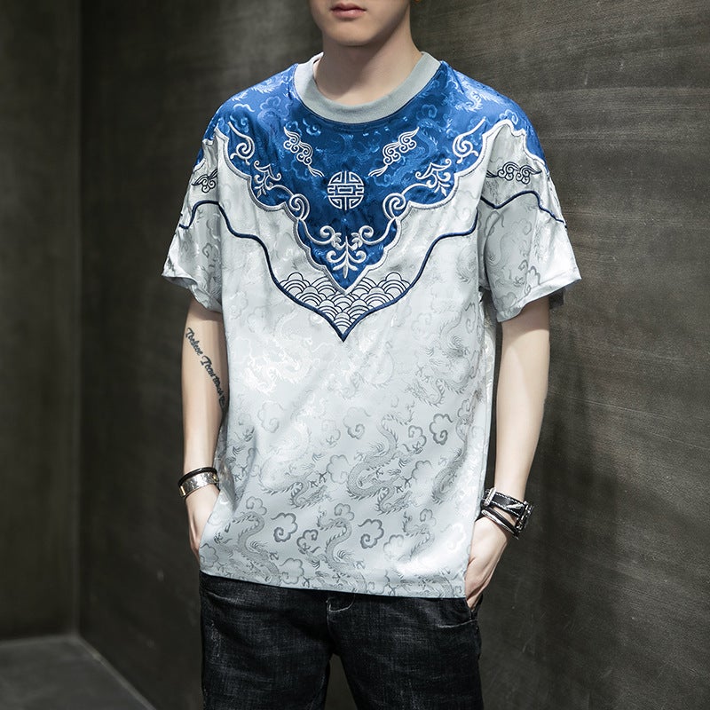 Original Chinese Style Cloud Shoulder Satin Dark Dragon Jacquard Patch Embroidered Batwing Shirt Short Sleeve Men'S Youth T-Shirt 903-P65 - Image 4
