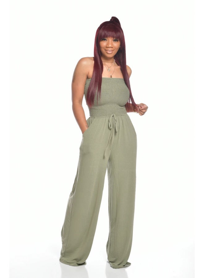 New European And American Women's Casual Flat Shoulder Wrapped Chest Wide Leg Jumpsuit