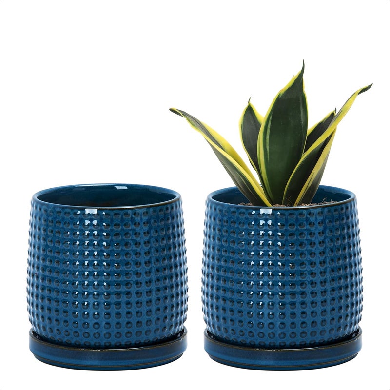 D'vine Dev Set of 2 Ceramic Plants Pots, 4 Inch Beaded Stoneware Flower Pot for Plants with Drainage Hole and Saucer, Blue, 27-E-Z-3 - Image 1