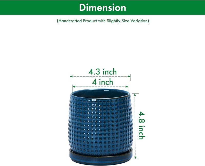 D'vine Dev Set of 2 Ceramic Plants Pots, 4 Inch Beaded Stoneware Flower Pot for Plants with Drainage Hole and Saucer, Blue, 27-E-Z-3 - Image 2
