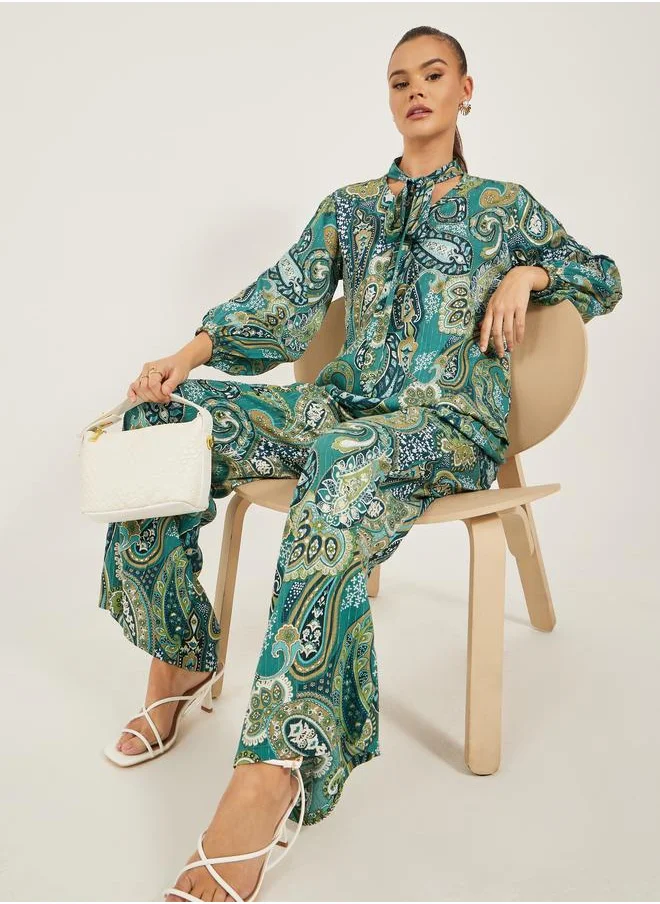 Styli Styli Paisley Print Tie-Up Neck Top and Wide Leg Pants Co-Ords