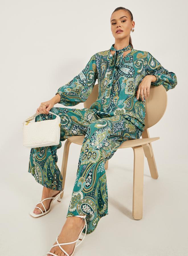 Styli Styli Paisley Print Tie-Up Neck Top and Wide Leg Pants Co-Ords - Image 1