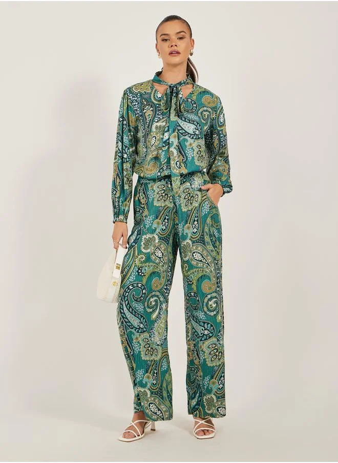 Styli Styli Paisley Print Tie-Up Neck Top and Wide Leg Pants Co-Ords