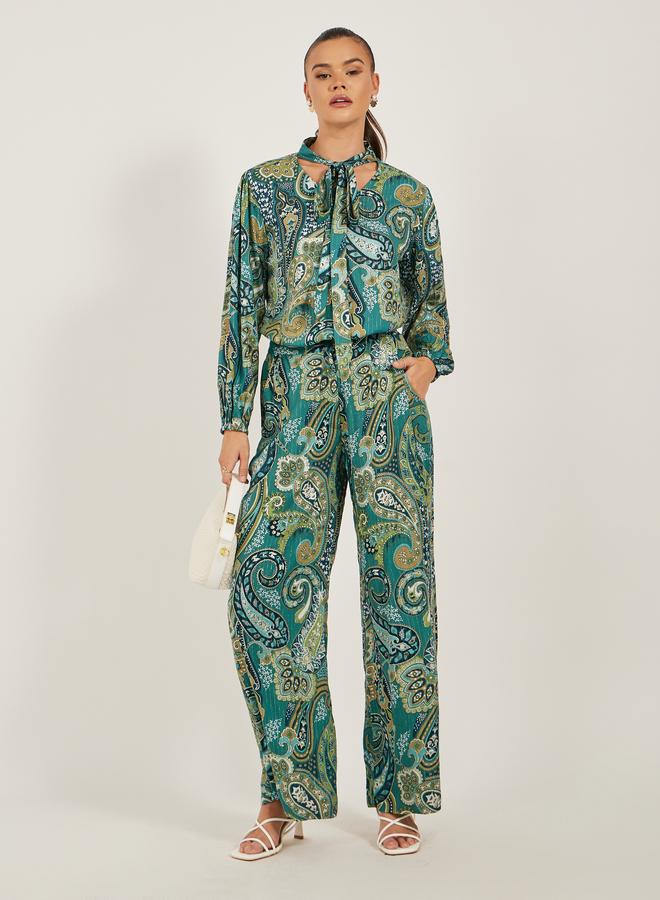 Styli Styli Paisley Print Tie-Up Neck Top and Wide Leg Pants Co-Ords - Image 2