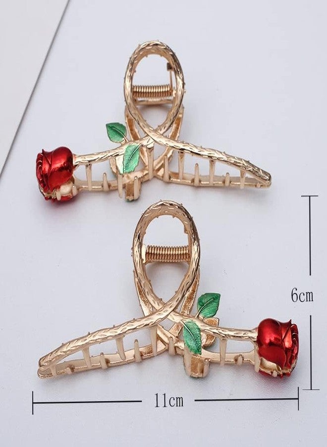 Tnyvm Red Elegant Rose Metal Hair Claw Clips, Large Shark Clips Non-Slip Barrettes for Strong Hold, Fashion Accessories for Long Thick Thin Curly Hair - Image 2