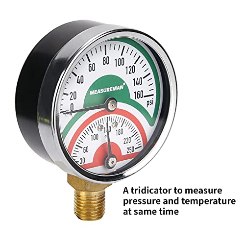 MEASUREMAN Tridicator, Thermo-Manometer, 2-1/2", 0-160psi/30-250 deg F, Black Iron Case, 1/4" NPT Lower Mount Pressure Gauge - Image 3