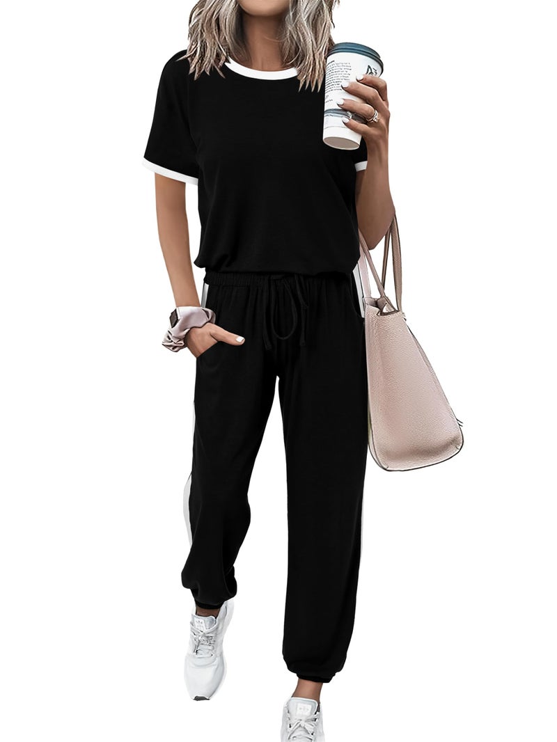 MASCOMODA Womens 2 Piece Outfits 2026 Summer Tracksuit Sets Short Sleeve Tops Travel Long Pants Jogger Lounge Set(Black,Medium) - Image 1