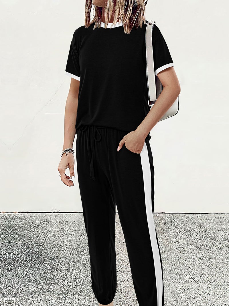 MASCOMODA Womens 2 Piece Outfits 2026 Summer Tracksuit Sets Short Sleeve Tops Travel Long Pants Jogger Lounge Set(Black,Medium) - Image 2