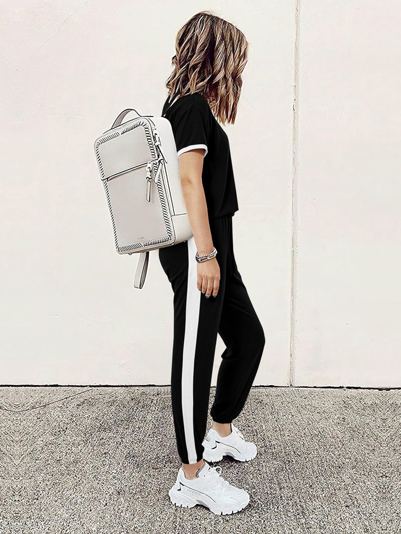 MASCOMODA Womens 2 Piece Outfits 2026 Summer Tracksuit Sets Short Sleeve Tops Travel Long Pants Jogger Lounge Set(Black,Medium) - Image 4