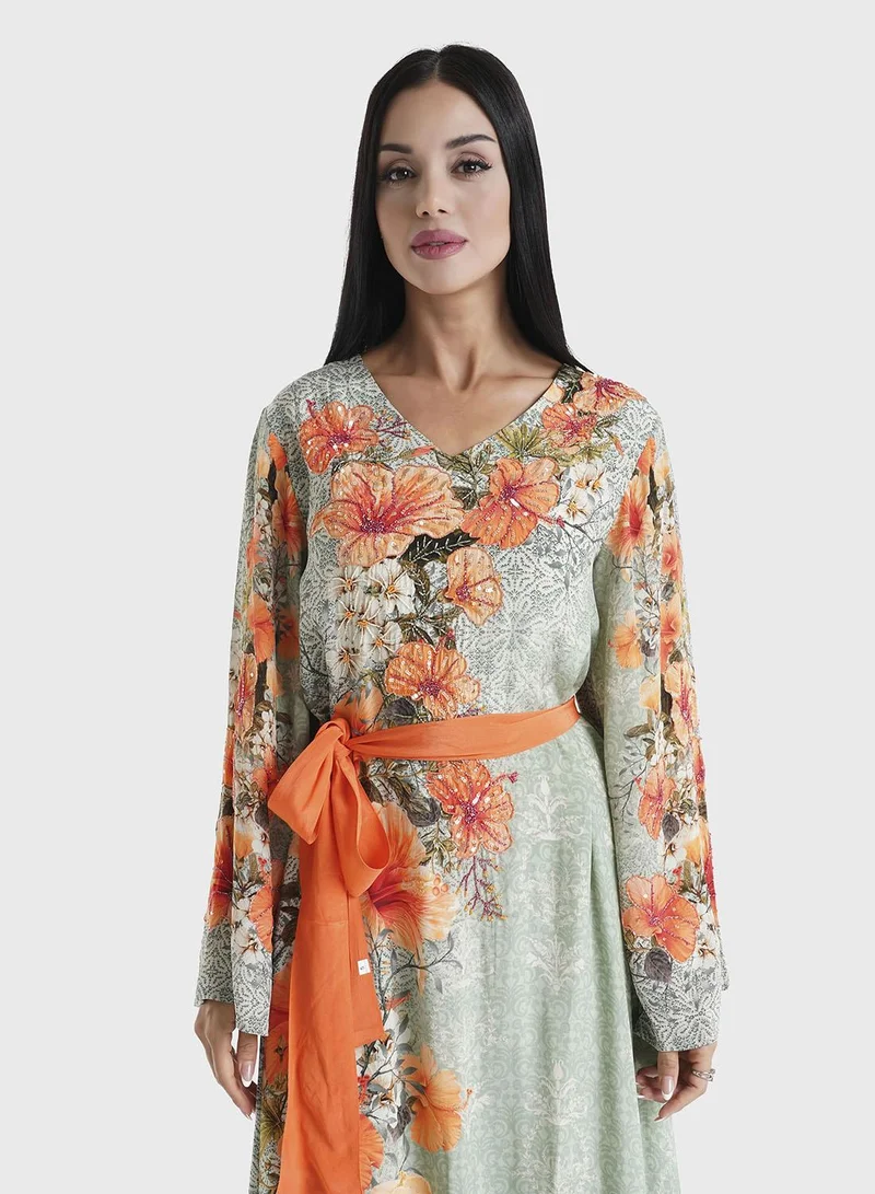 KASHKHA Sage Green Floral Printed Viscose Crepe Hand Work Maxi Dress (VDU810)