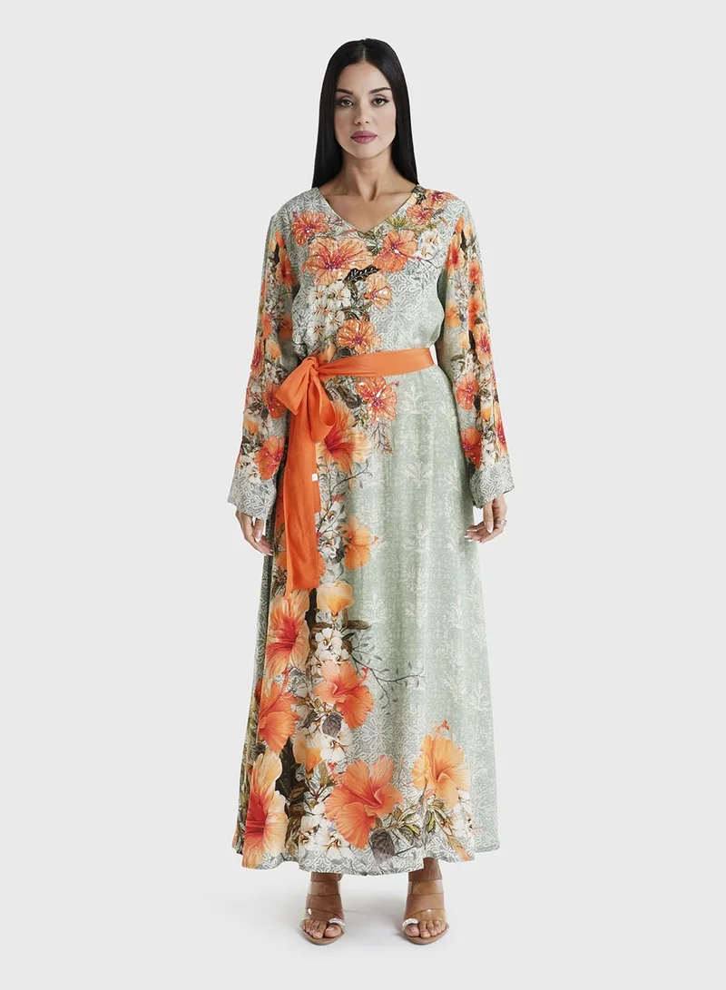KASHKHA Sage Green Floral Printed Viscose Crepe Hand Work Maxi Dress (VDU810)