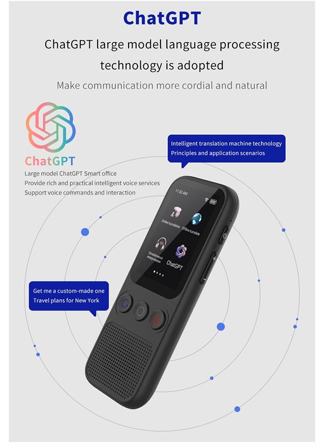 S80 Translator - Compact Multi-Function Translation Device with 2-Inch Touch Screen, Music & Video Support, and ChatGPT Integration, Simultaneous interpretation of 138 voices, 25 exchange rates, and 18 offline translations