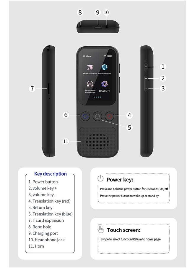 S80 Translator - Compact Multi-Function Translation Device with 2-Inch Touch Screen, Music & Video Support, and ChatGPT Integration, Simultaneous interpretation of 138 voices, 25 exchange rates, and 18 offline translations