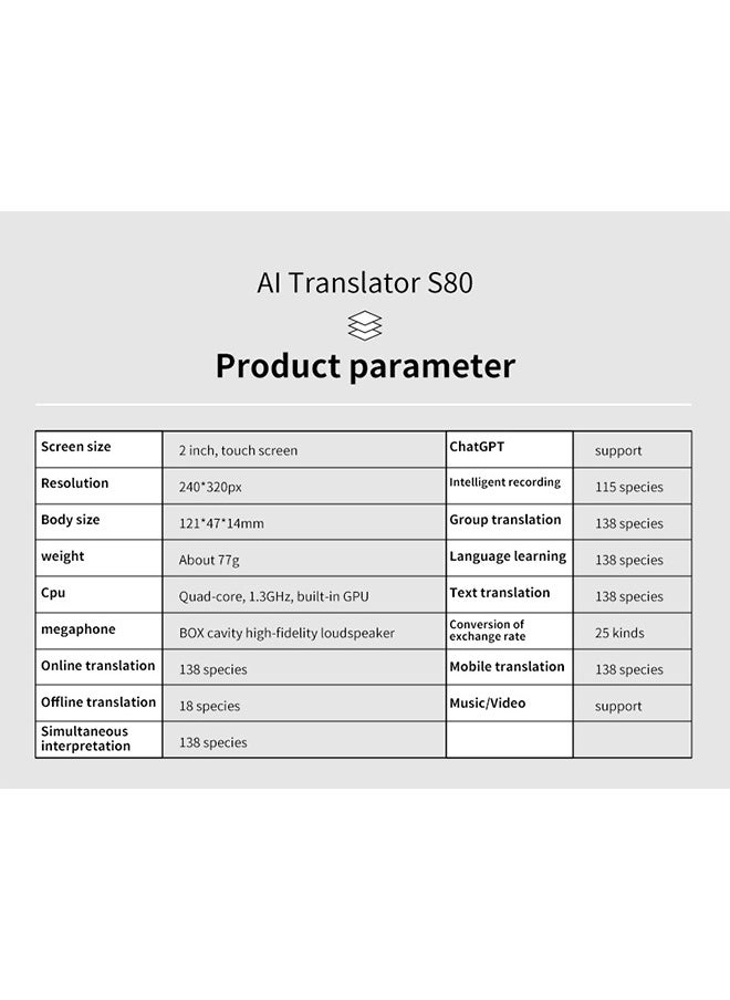 S80 Translator - Compact Multi-Function Translation Device with 2-Inch Touch Screen, Music & Video Support, and ChatGPT Integration, Simultaneous interpretation of 138 voices, 25 exchange rates, and 18 offline translations