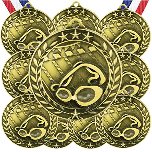 Express Medals 10 Pack Swimming Gold Medals Trophy Award with Neck Ribbons WAMG970 - Image 1