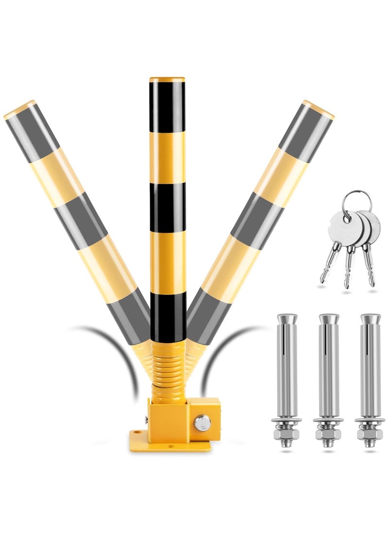 Festive Gallery Spring Folding Parking Post, Parking Barrier Parking Lock Heavy Metal Parking Obstacle Pile with Warning Stripes, Parking Piles,Driveway Parking Interceptor Bollard Black 