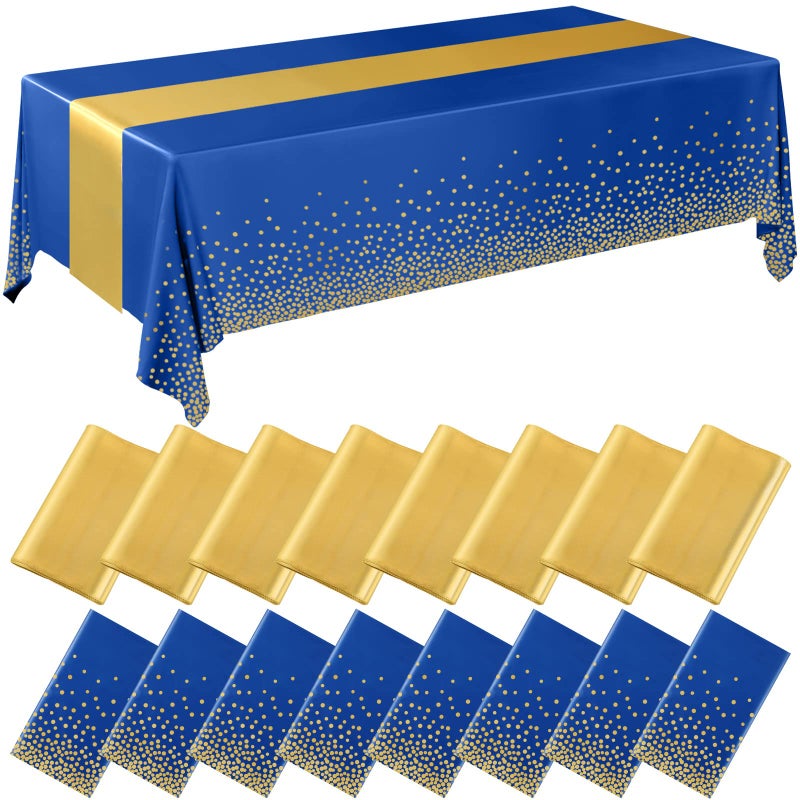 Tudomro 16 Pcs Gold and Dark Blue Disposable Plastic Tablecloths and Satin Table Runner Set 54x108 Inch Tablecloth 12x108 Inch Table Runners for New Year Wedding Birthday Baby Shower Graduation - Image 1