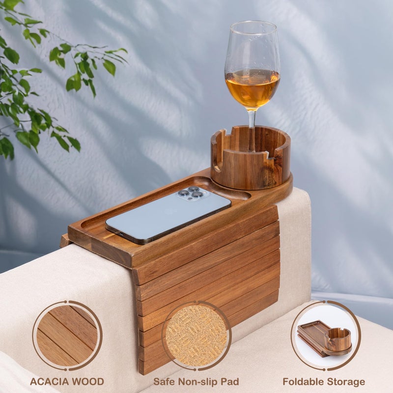 TOMLYOP Couch Cup Holder Tray  Acacia Wood Couch Arm Tray With 360Rotating Cup Holder  3 In 1 Foldable Sofa Arm Rest Tray Table For Remote/Snacks/Cups/Drinks - Image 4