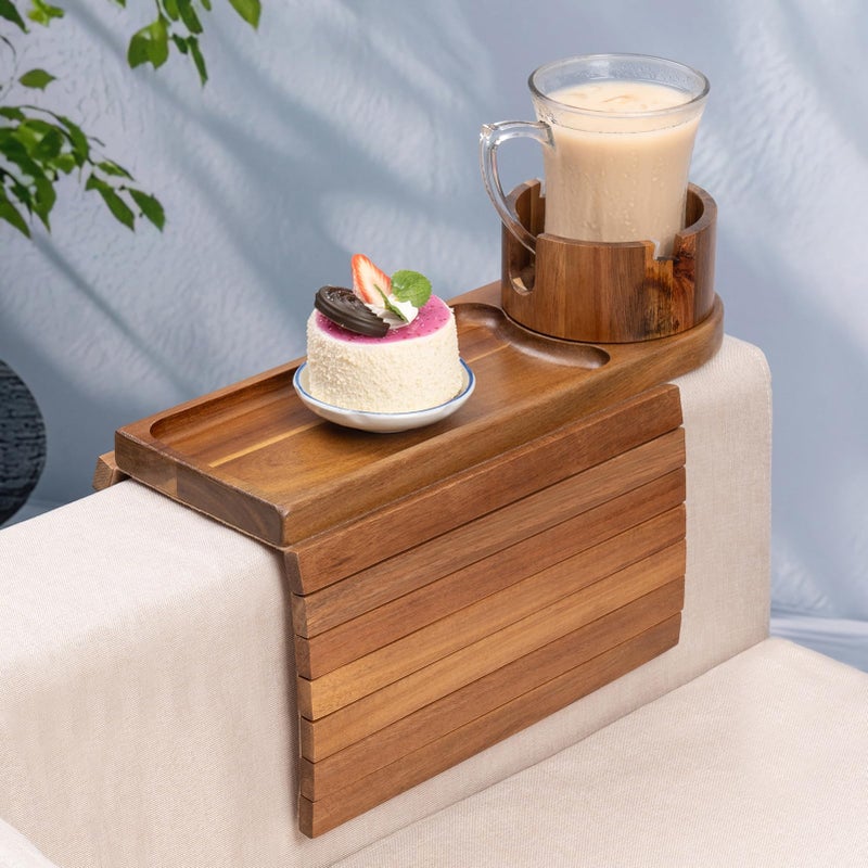 TOMLYOP Couch Cup Holder Tray  Acacia Wood Couch Arm Tray With 360Rotating Cup Holder  3 In 1 Foldable Sofa Arm Rest Tray Table For Remote/Snacks/Cups/Drinks - Image 1
