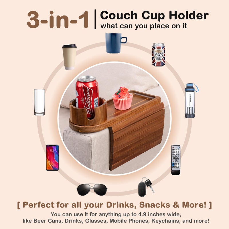 TOMLYOP Couch Cup Holder Tray  Acacia Wood Couch Arm Tray With 360Rotating Cup Holder  3 In 1 Foldable Sofa Arm Rest Tray Table For Remote/Snacks/Cups/Drinks - Image 5