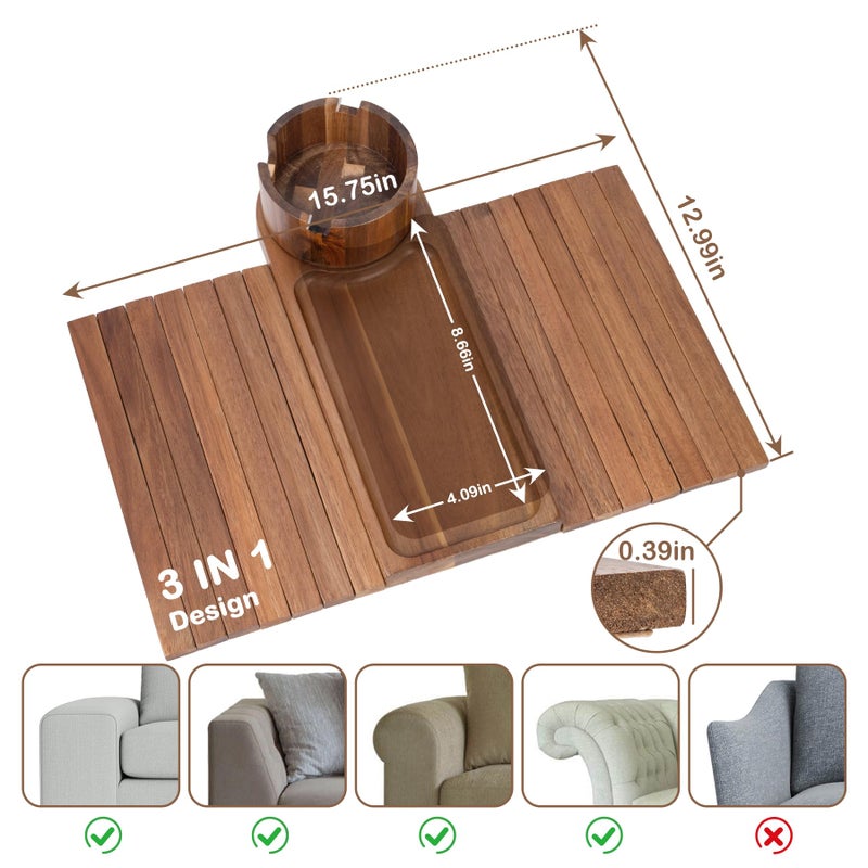 TOMLYOP Couch Cup Holder Tray  Acacia Wood Couch Arm Tray With 360Rotating Cup Holder  3 In 1 Foldable Sofa Arm Rest Tray Table For Remote/Snacks/Cups/Drinks - Image 2